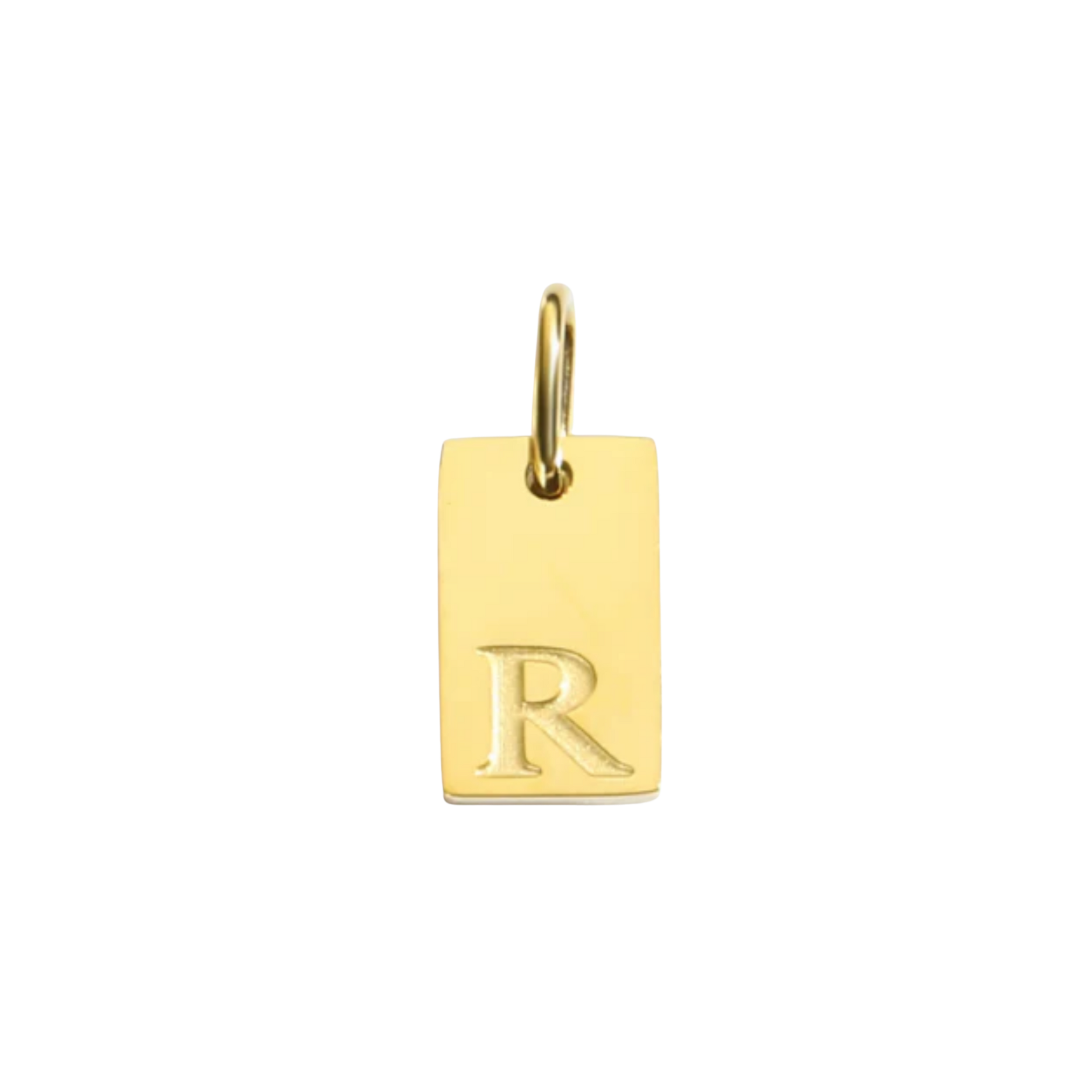Gold pendant with letter 'R' on a white background