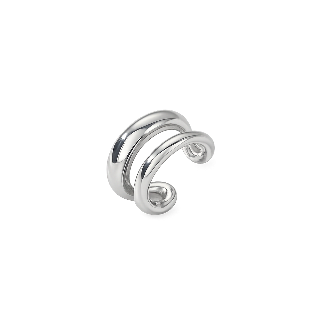 Silver ear cuff with a minimalist design on a white background