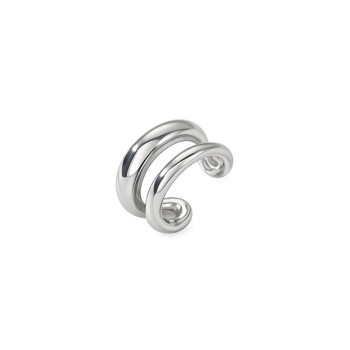 Silver ear cuff with a minimalist design on a white background