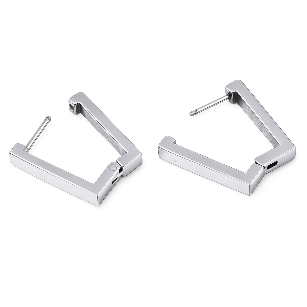 Pair of silver square hoop earrings on a white background