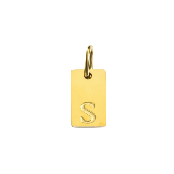 Gold pendant with letter 'S' on a white background