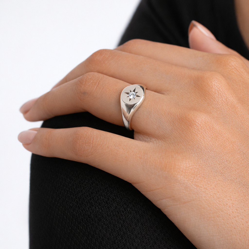 Silver ring with a diamond on a person's finger against a white background