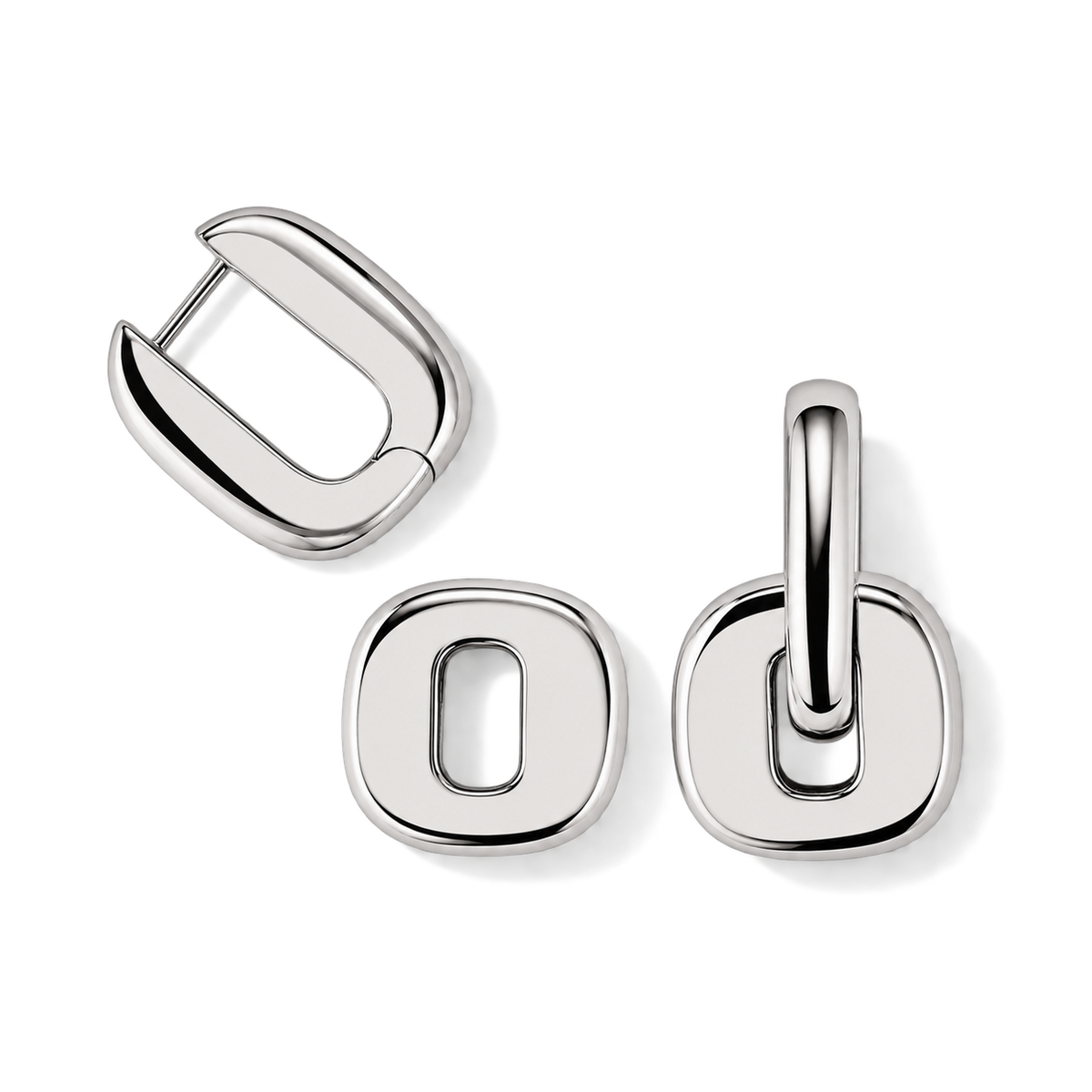 Three polished silver-tone jewelry components on a clean white background: a clasp, a flat square link, and a square link with a vertical loop.