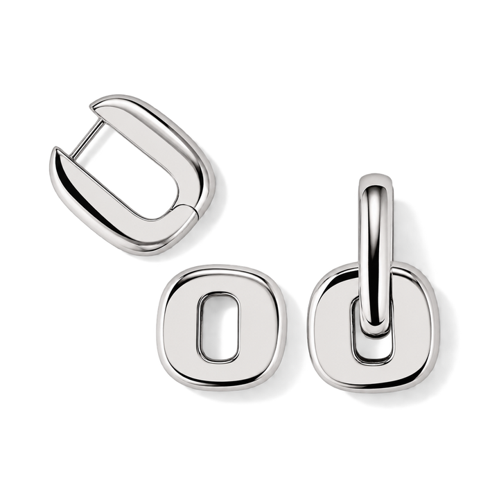 Three polished silver-tone jewelry components on a clean white background: a clasp, a flat square link, and a square link with a vertical loop.