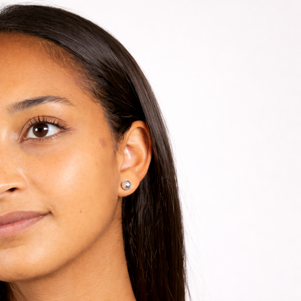 Close-up of a woman's face with a focus on her earrings against a white background