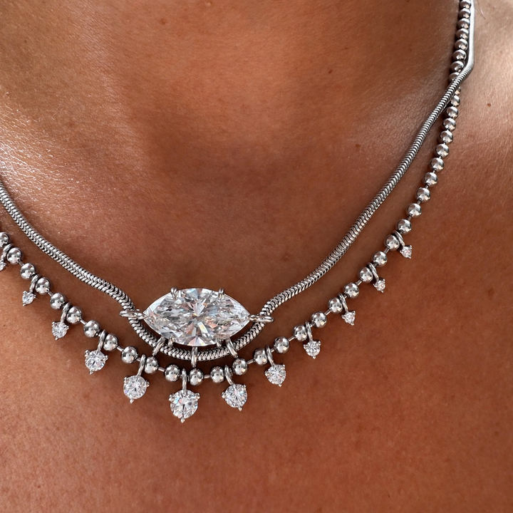 silver ball chain necklace on model