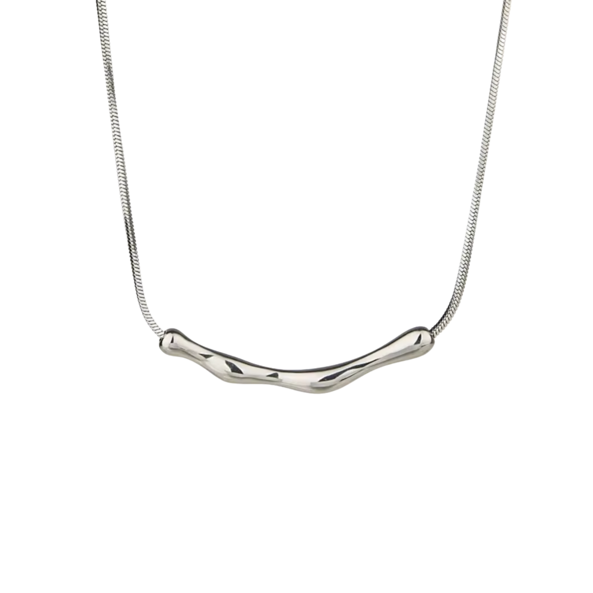 Silver necklace with a branch-like pendant on a white background