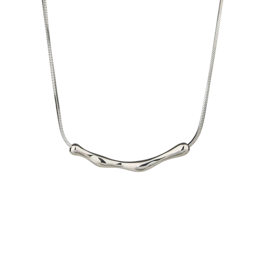 Silver necklace with a branch-like pendant on a white background