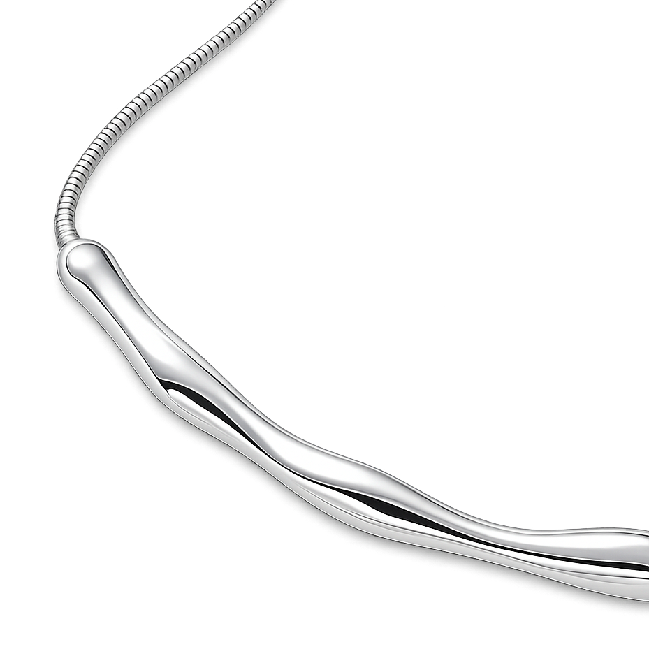 Silver necklace with a unique pendant design on a white background