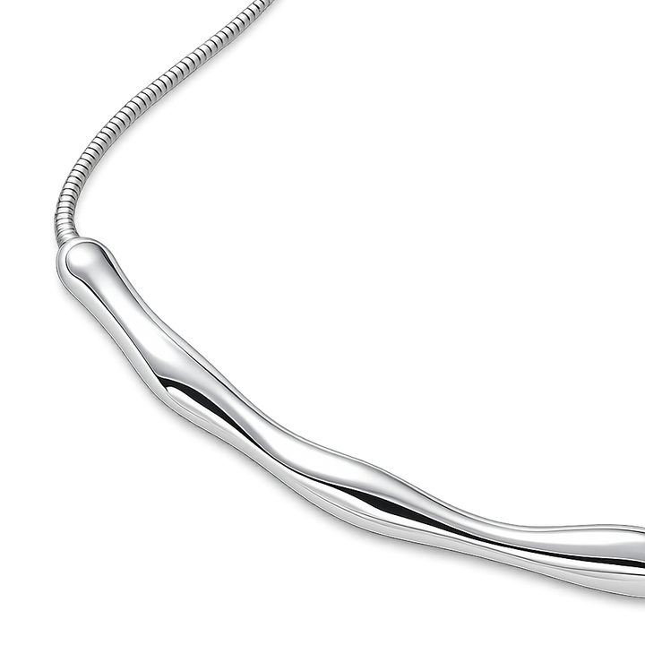 Silver necklace with a unique pendant design on a white background