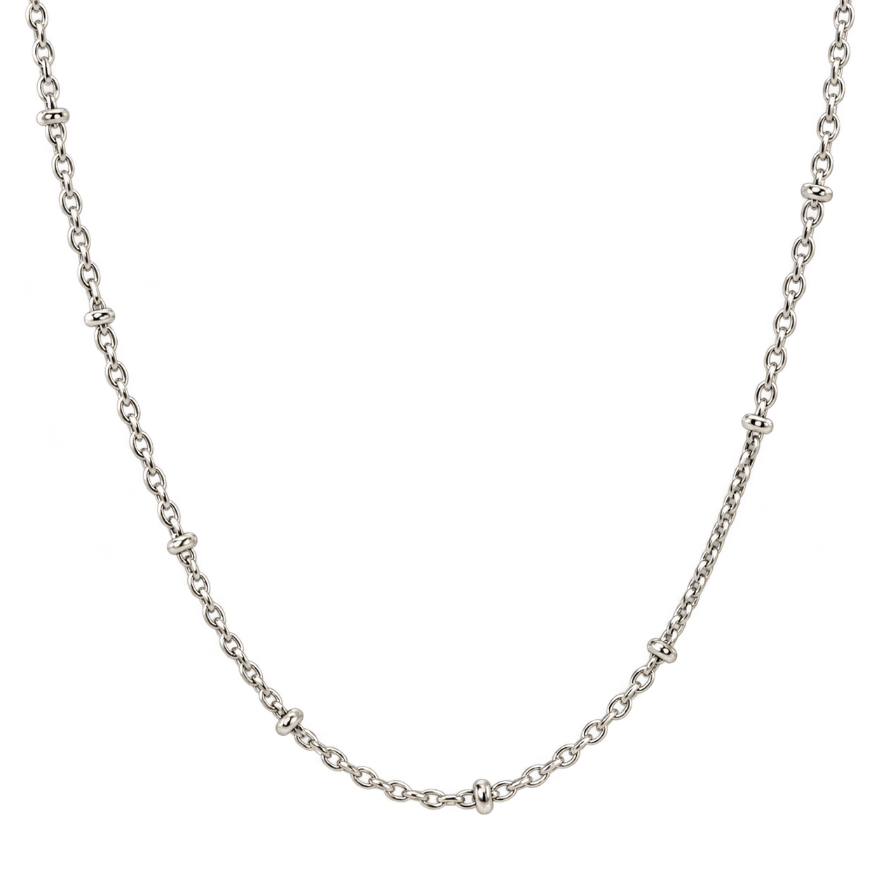 A silver-toned chain necklace with small, repeating decorative links spaced evenly along the curve, displayed against a solid white background.