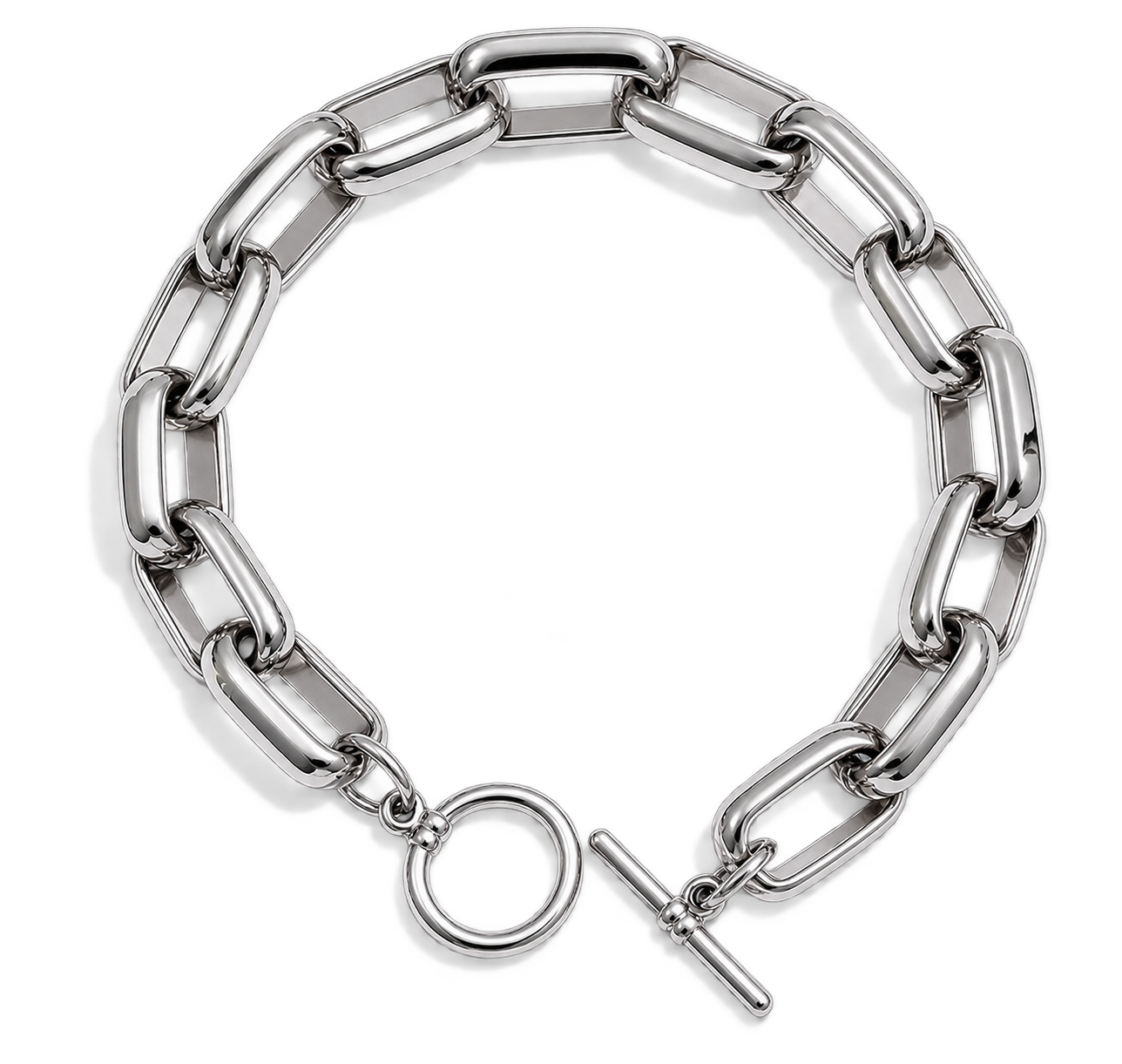 A silver-toned chunky chain link bracelet with a toggle clasp and circular ring detail, displayed on a clean white background.