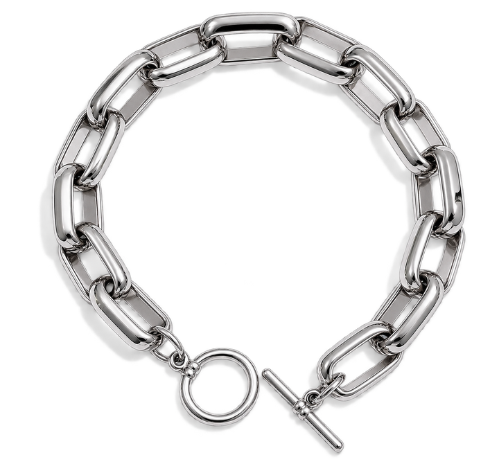 A silver-toned chunky chain link bracelet with a toggle clasp and circular ring detail, displayed on a clean white background.
