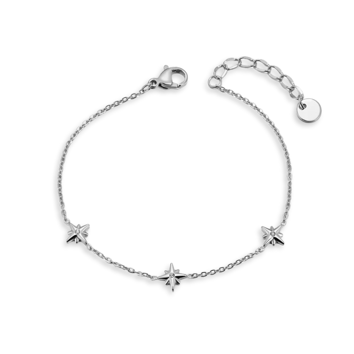 Silver bracelet with star-shaped charms on a white background