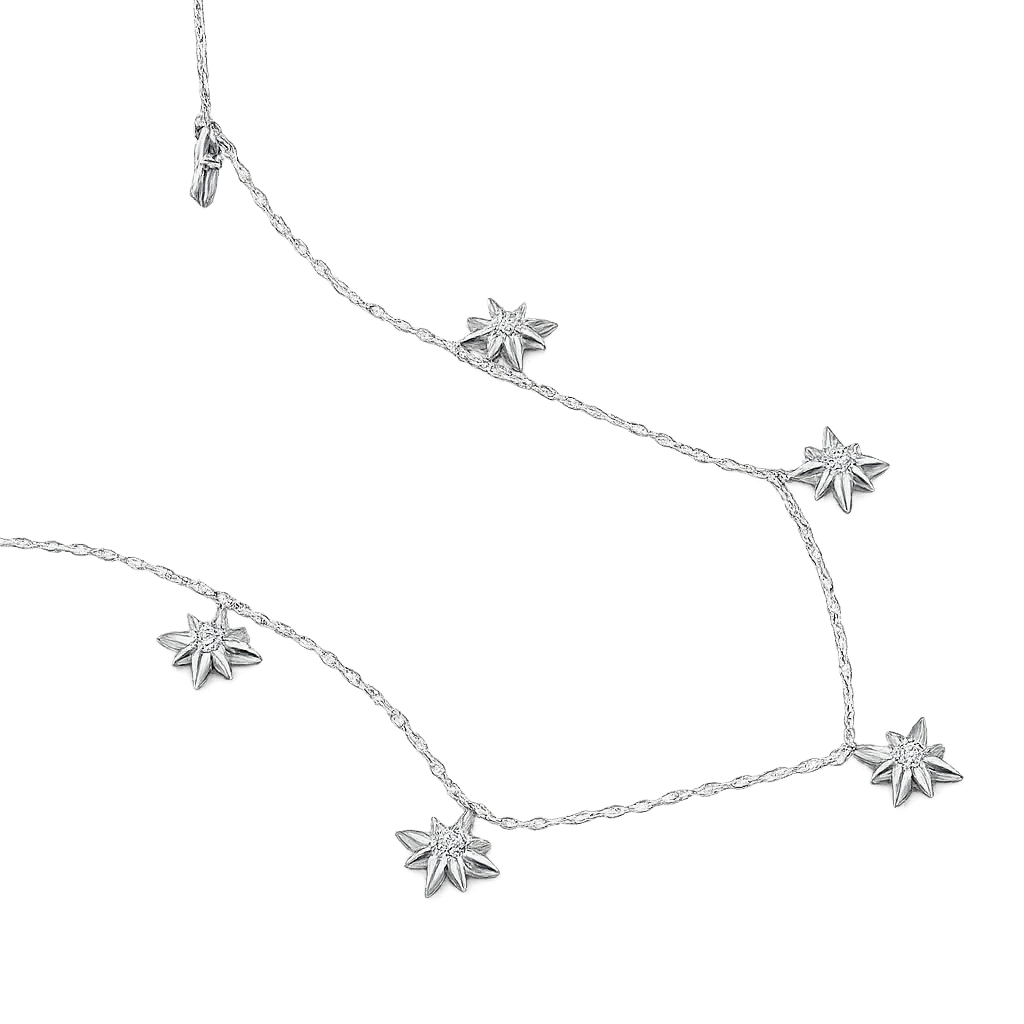 Silver star-shaped necklace on a white background