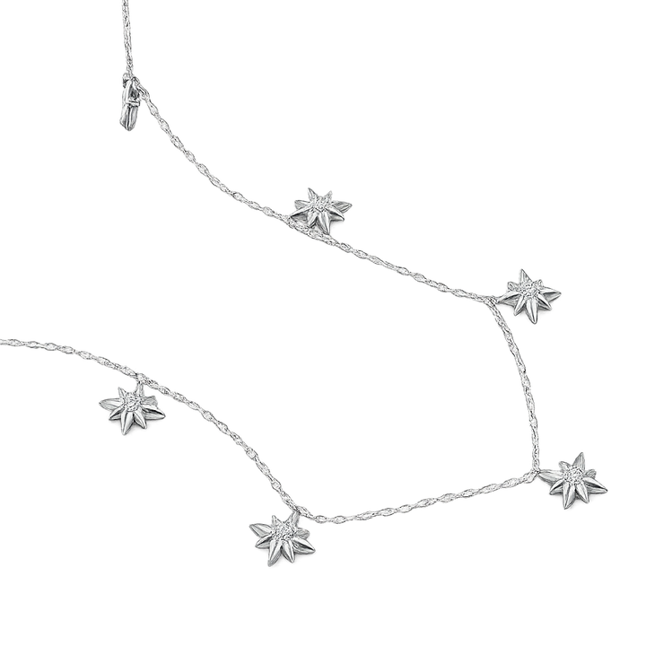 Silver star-shaped necklace on a white background