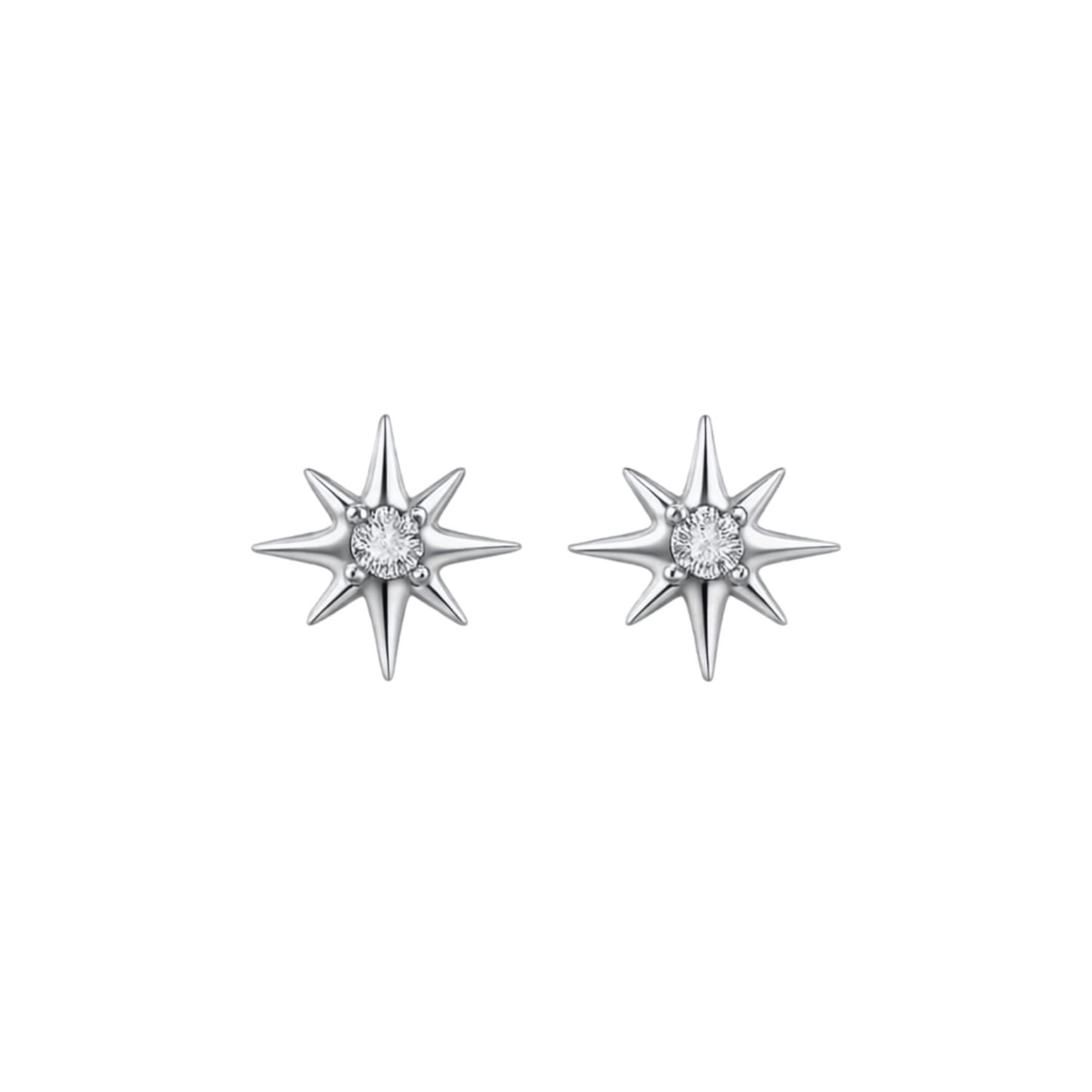 Star-shaped silver earrings with clear gemstones on a white background