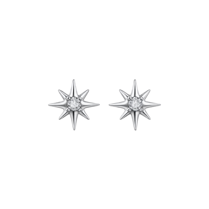Star-shaped silver earrings with clear gemstones on a white background