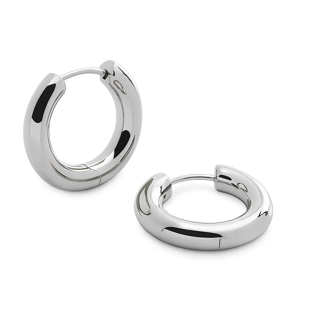 Pair of silver hoop earrings on a white background