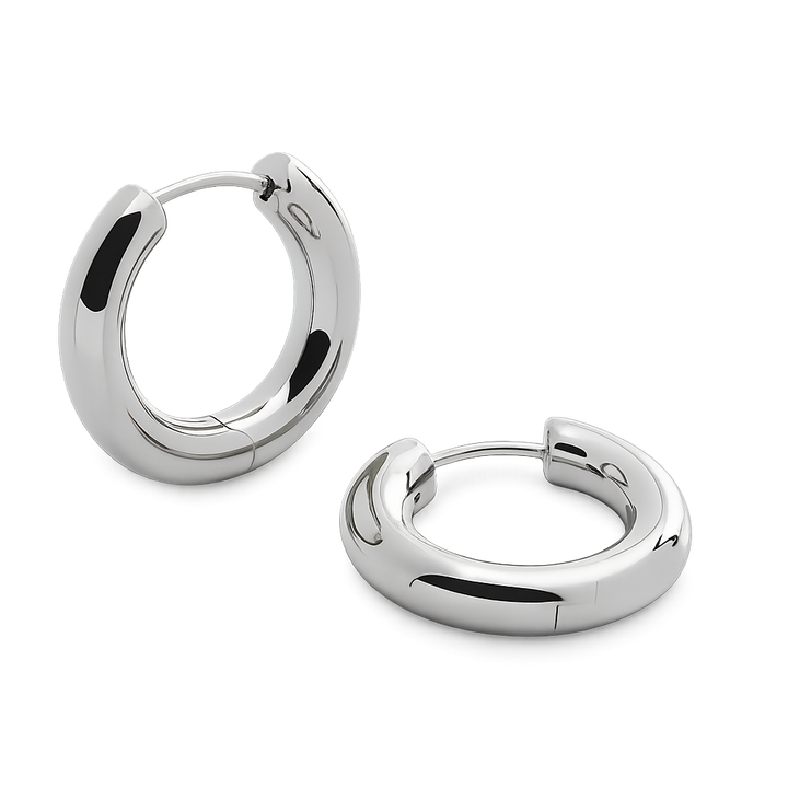 Pair of silver hoop earrings on a white background