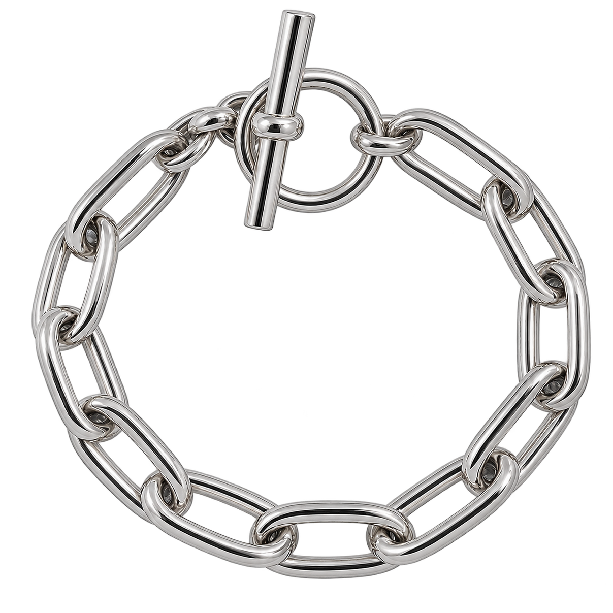 A silver-toned chain link bracelet with a toggle clasp, shown on a plain white background.