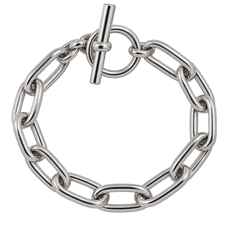A silver-toned chain link bracelet with a toggle clasp, shown on a plain white background.