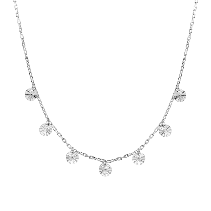 Silver necklace with circular pendants on a white background