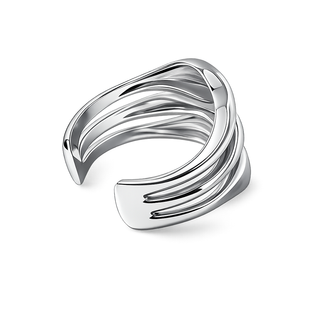 Silver bangle with a wavy design on a white background