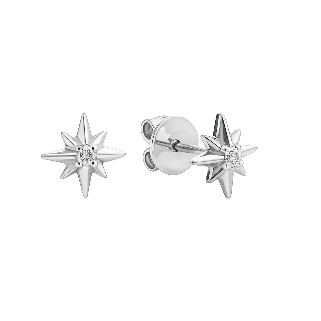 Star-shaped silver earrings with clear gemstones on a white background