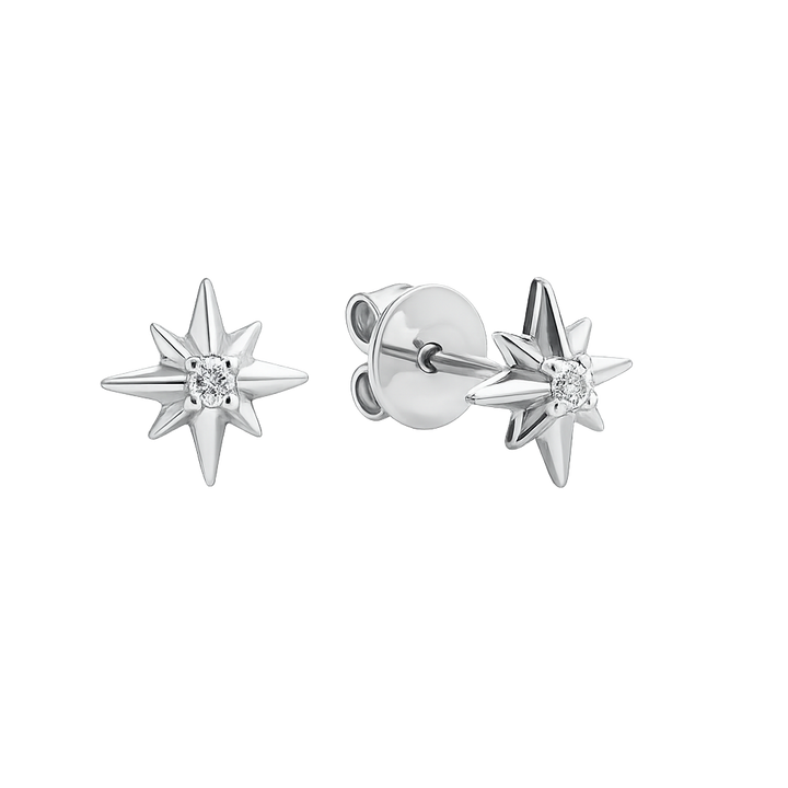 Star-shaped silver earrings with clear gemstones on a white background