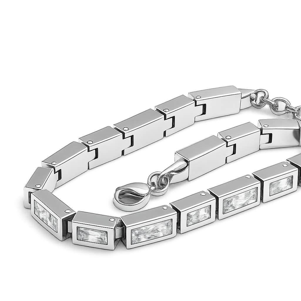 Silver bracelet with rectangular gemstones on a white background