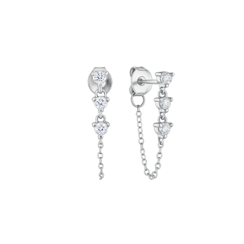 Silver earrings with chain and gemstones on a white background