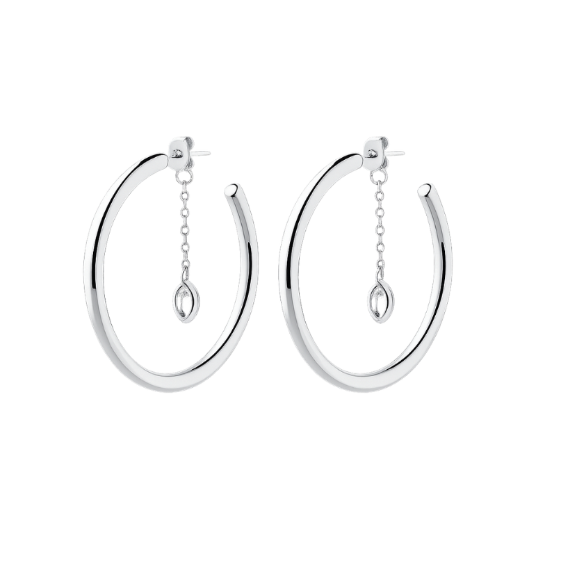 Pair of silver hoop earrings with dangling elements on a white background
