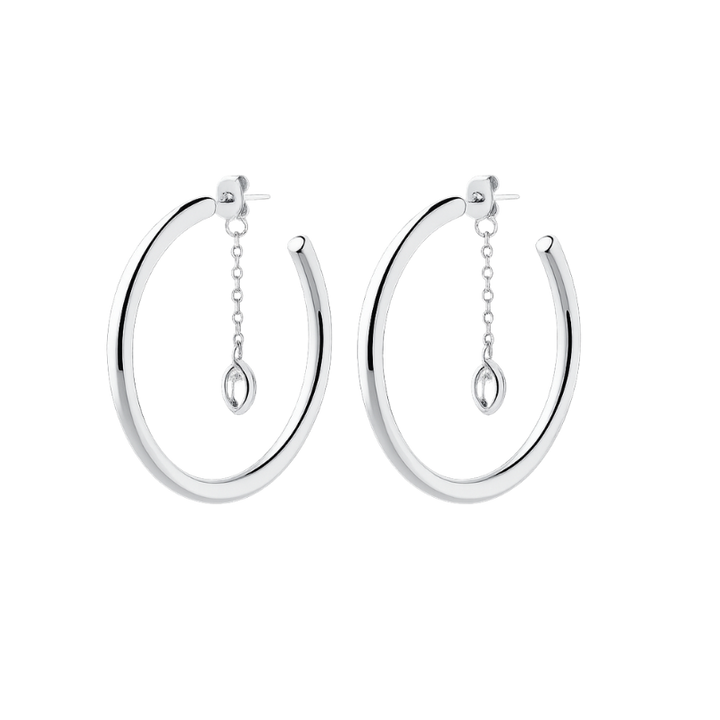 Pair of silver hoop earrings with dangling elements on a white background
