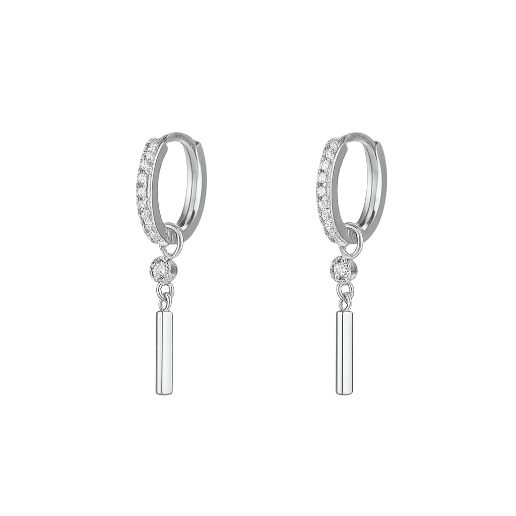 Silver hoop earrings with dangling bars on a white background
