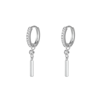 Silver hoop earrings with dangling bars on a white background