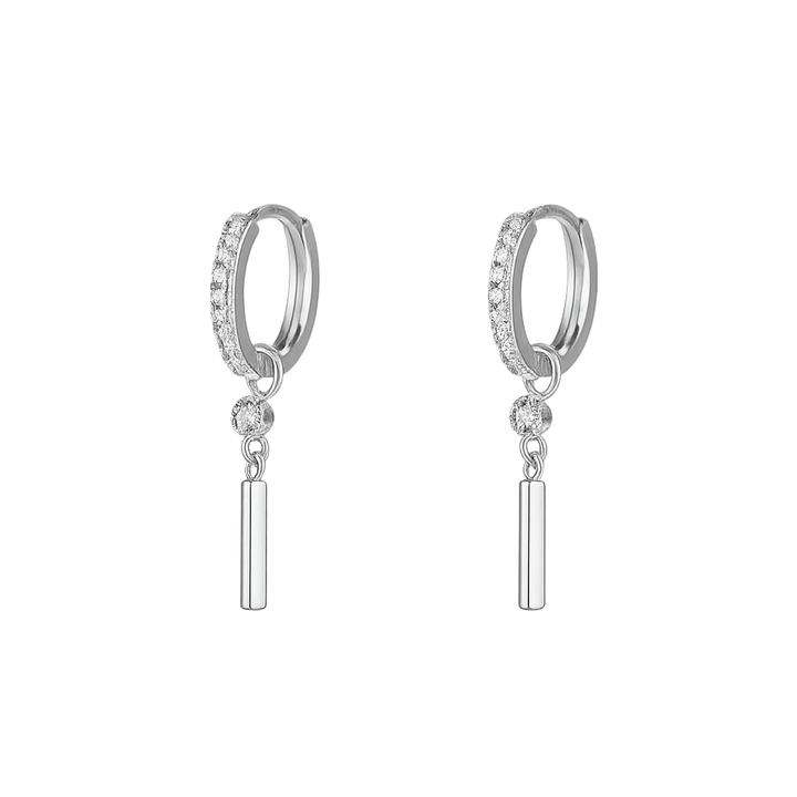 Silver hoop earrings with dangling bars on a white background