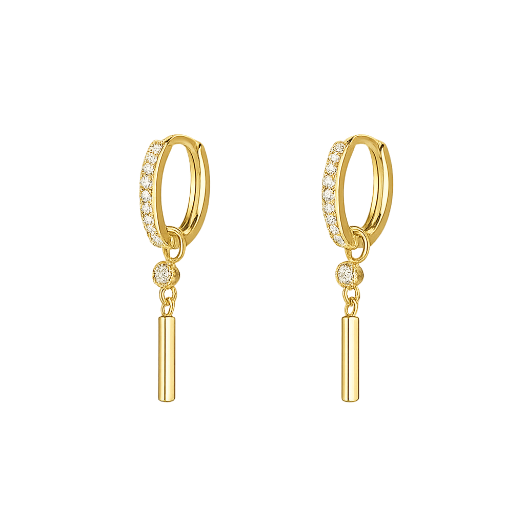 Gold hoop earrings with small diamonds on a white background
