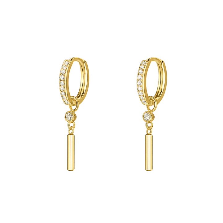 Gold hoop earrings with small diamonds on a white background