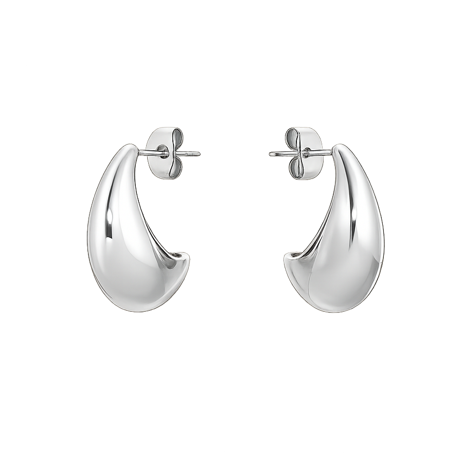 Pair of silver hoop earrings on a white background