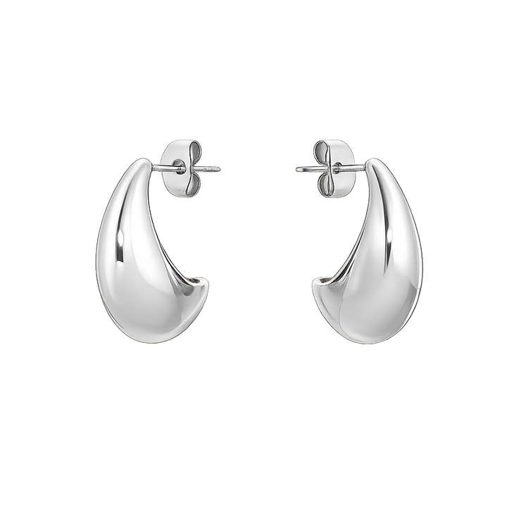 Pair of silver hoop earrings on a white background