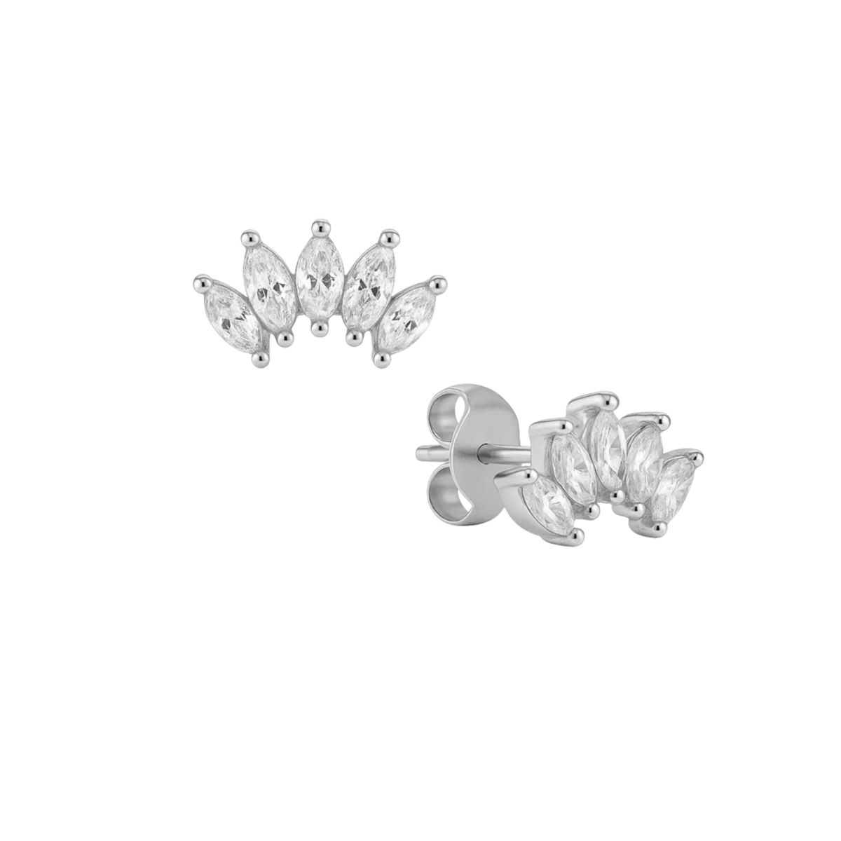 A pair of silver stud earrings featuring marquise-cut clear gemstones in a cluster setting, shown against a plain white background.