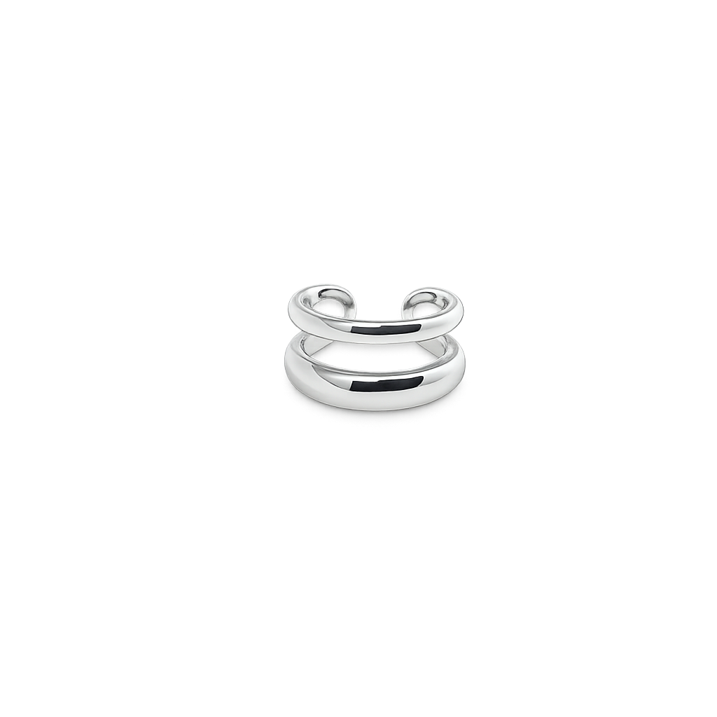 Silver ear cuff with a minimalist design on a white background