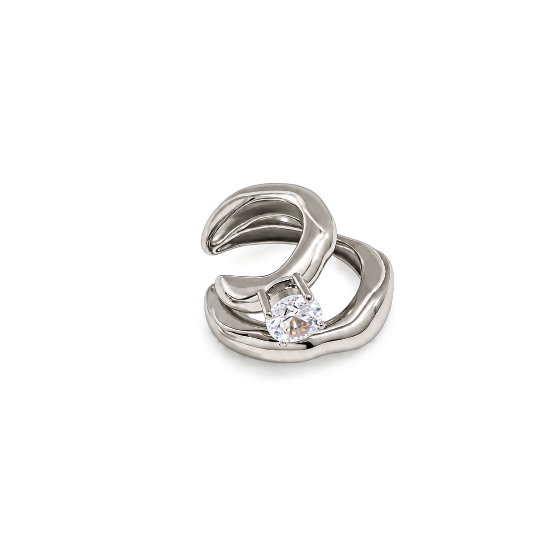 A silver-toned abstract wave-shaped ring with a single round clear gemstone, shown on a plain white background.