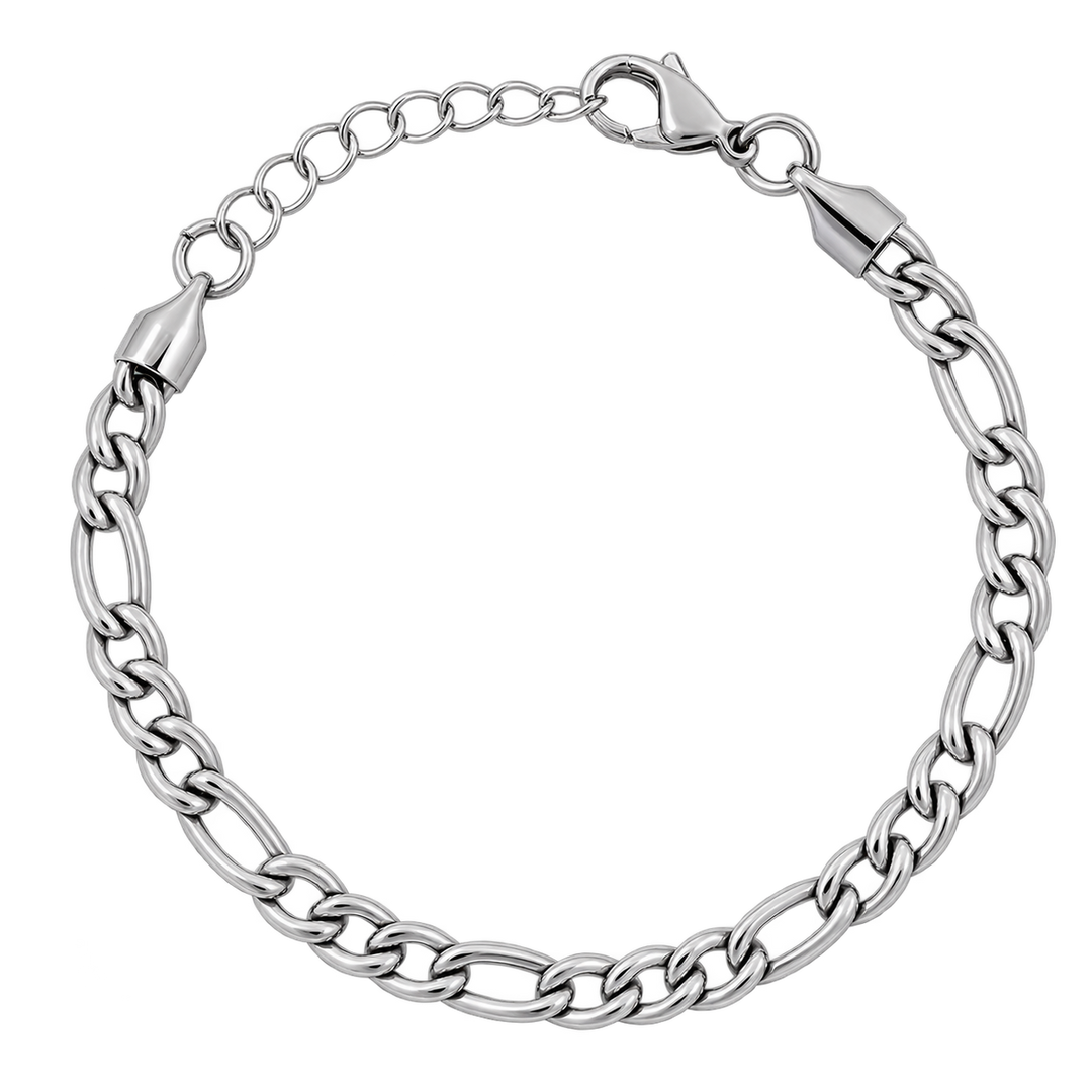 A silver-toned metal chain bracelet with a lobster clasp and adjustable extender links, shown on a plain white background.