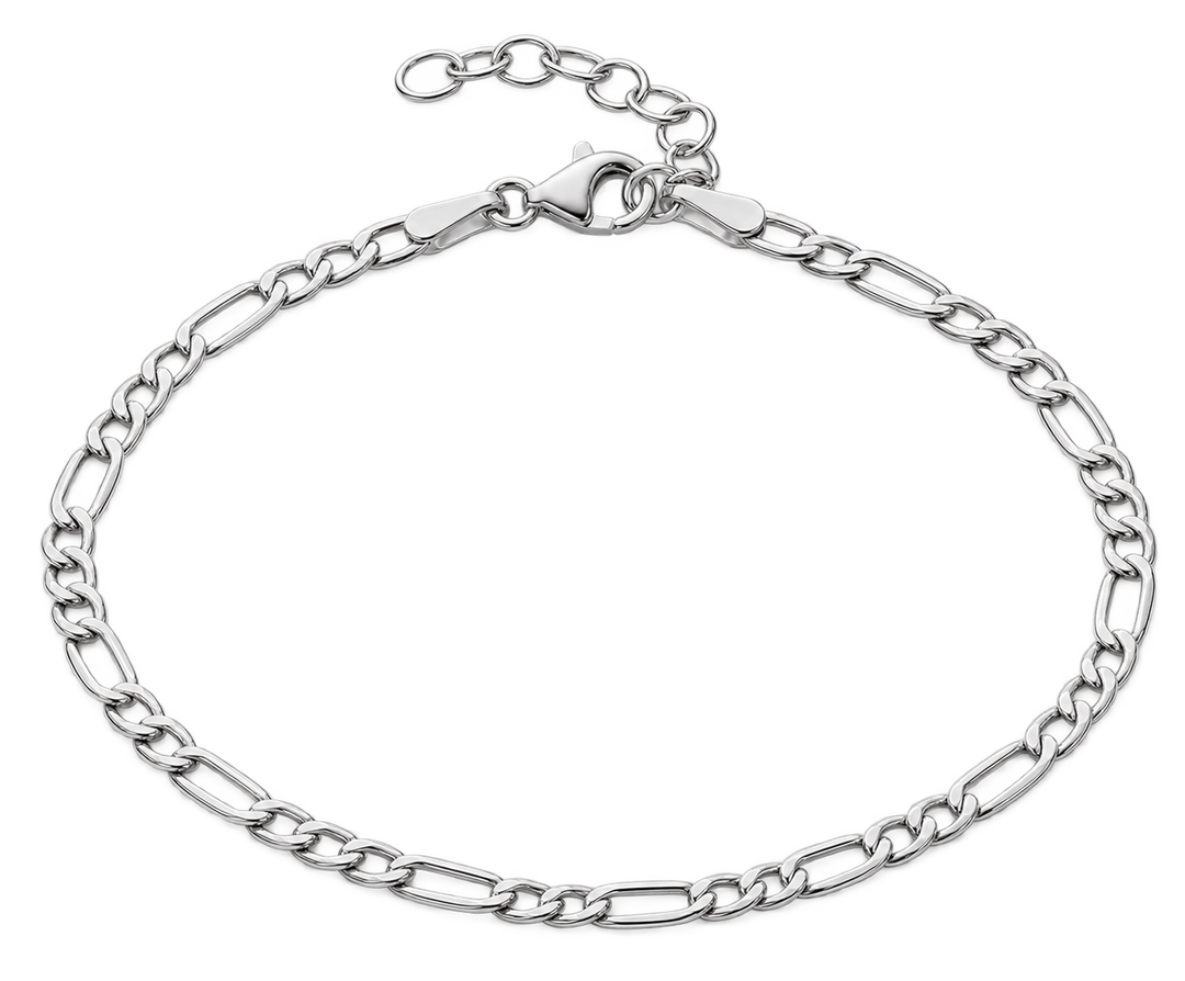 A silver Figaro chain bracelet with a lobster clasp and extender, displayed on a clean white background.