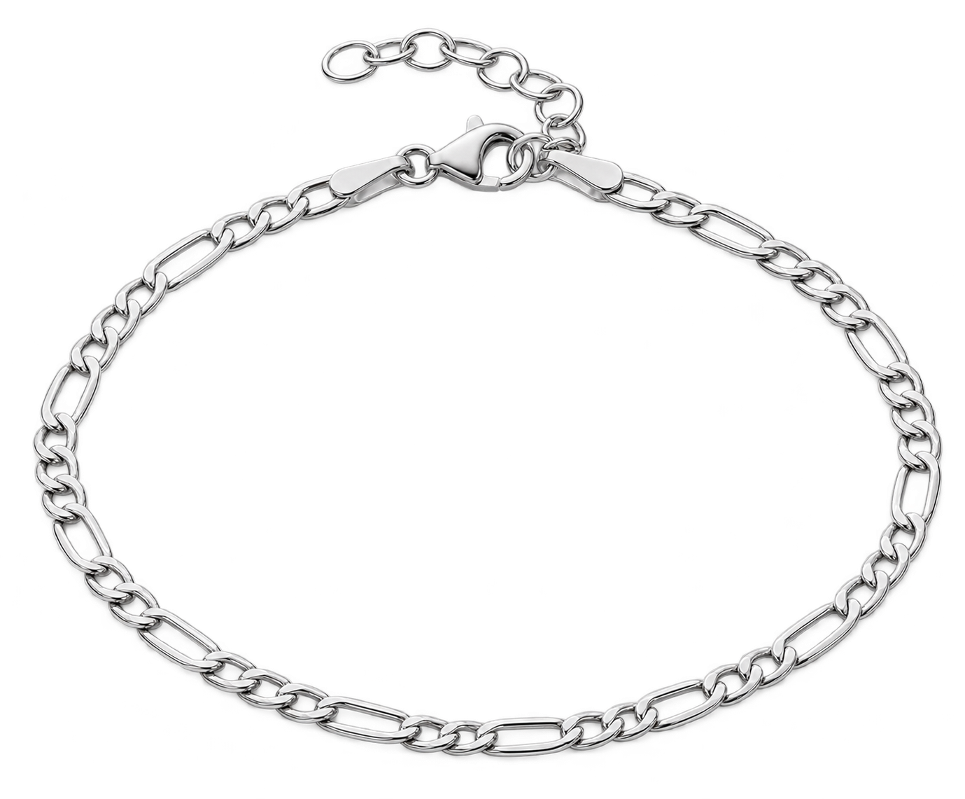 A silver Figaro chain bracelet with a lobster clasp and extender, displayed on a clean white background.