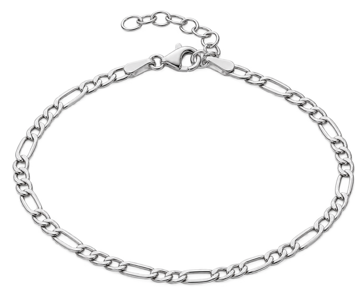 A silver Figaro chain bracelet with a lobster clasp and extender, displayed on a clean white background.