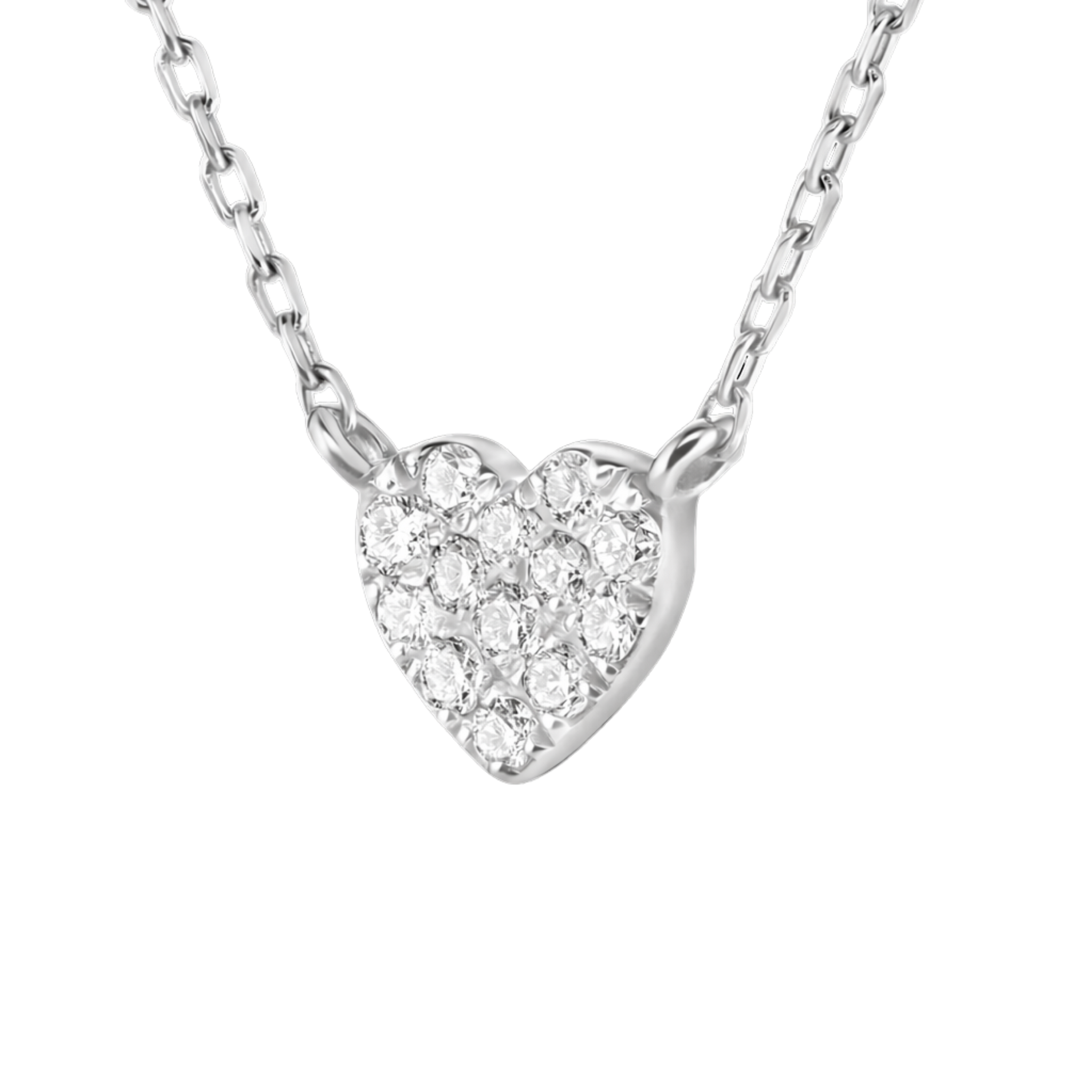 Heart-shaped diamond necklace on a white background
