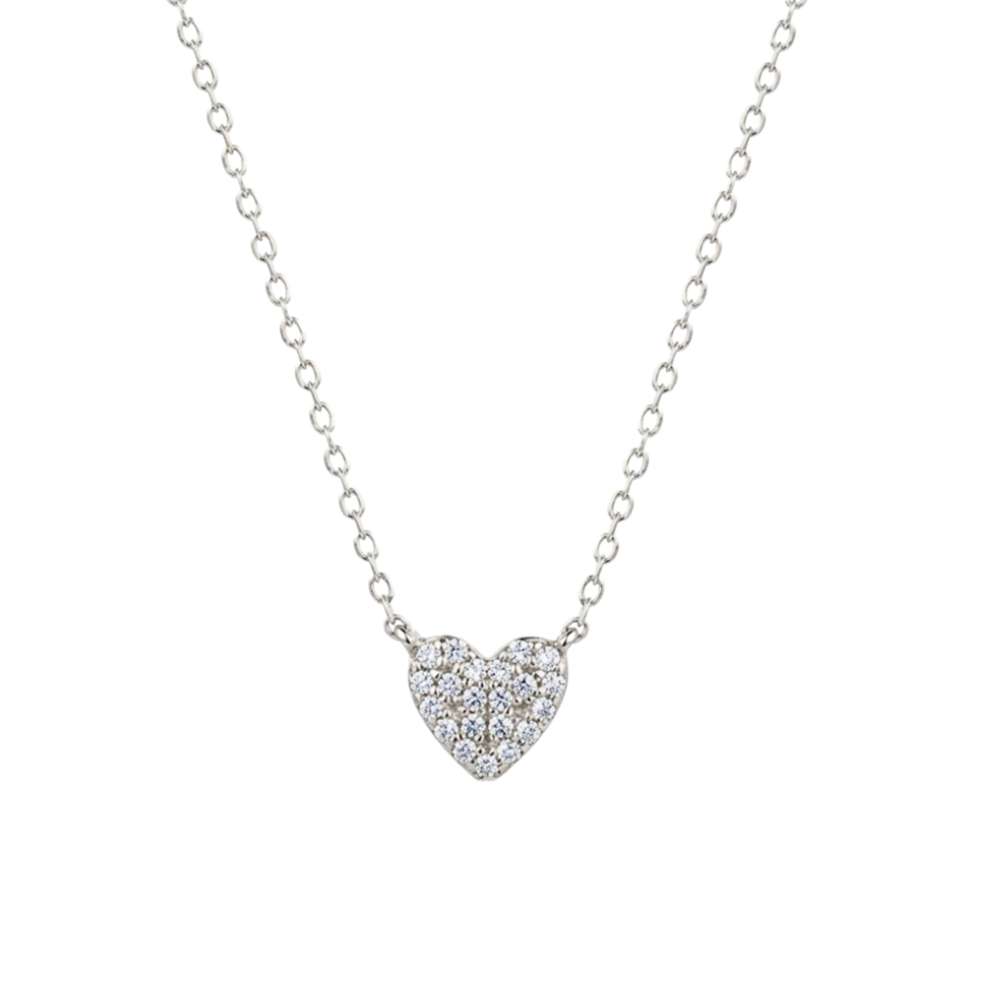 Silver heart-shaped necklace with small diamonds on a white background